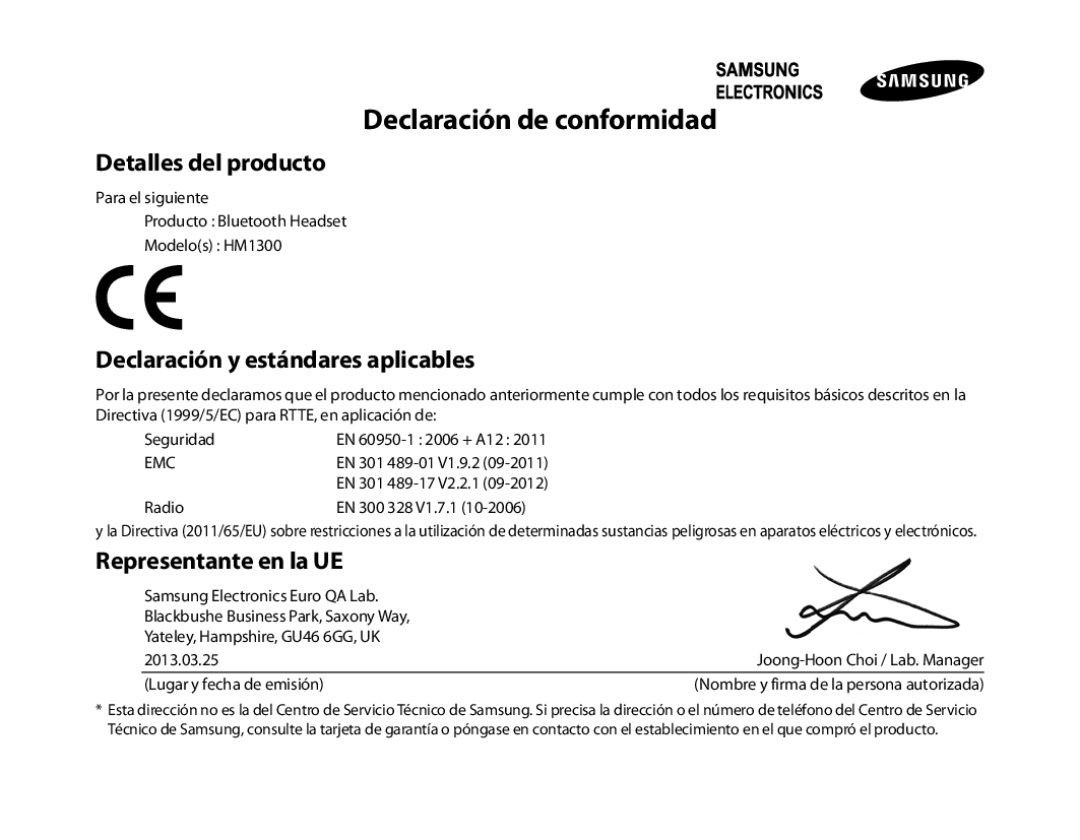 Samsung BHM1300EBEGXEV manual Declaración de conformidad, Detalles del producto, Declaración y estándares aplicables 