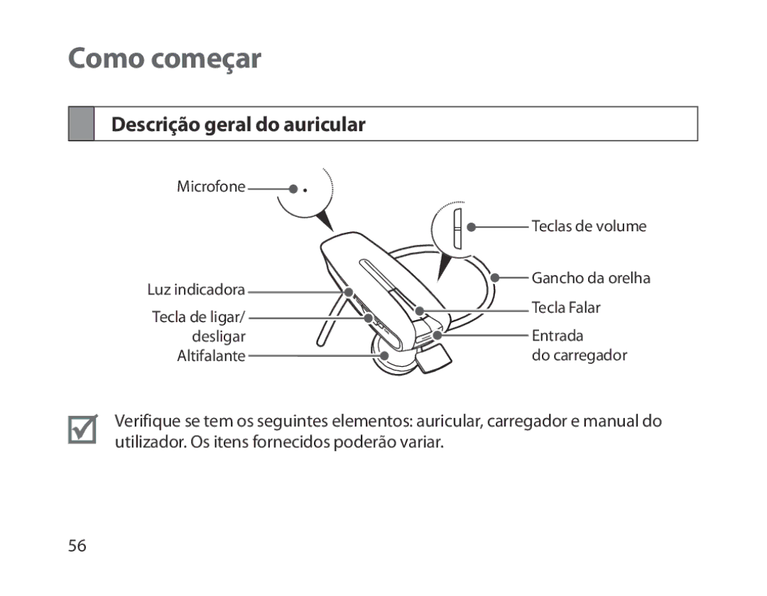 Samsung BHM1300EREGXEE, BHM1300EKEGXEG, BHM1300EREGXEG, BHM1300EWEGXEG manual Como começar, Descrição geral do auricular 