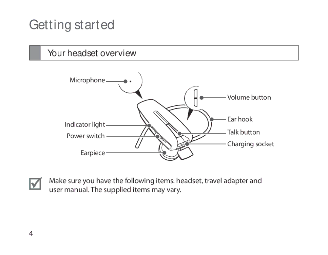 Samsung BHM1300EKEGXSG, BHM1300EKEGXEG, BHM1300EREGXEG, BHM1300EWEGXEG, BHM1300EBEGXEG Getting started, Your headset overview 