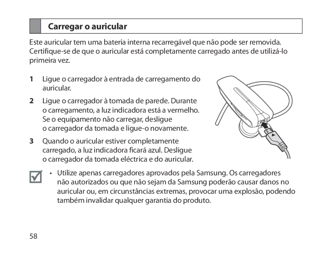 Samsung BHM1300EKEGXEG, BHM1300EREGXEG, BHM1300EWEGXEG, BHM1300EBEGXEG, BHM1300EWEGXSG, BHM1300UREGKSA Carregar o auricular 