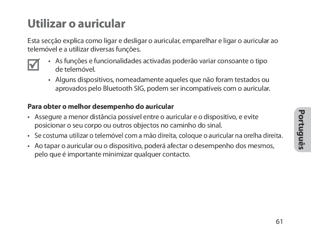 Samsung BHM1300EBEGXEG, BHM1300EKEGXEG, BHM1300EREGXEG Utilizar o auricular, Para obter o melhor desempenho do auricular 