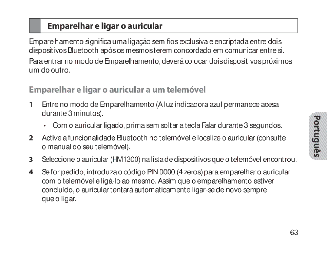 Samsung BHM1300UREGKSA, BHM1300EKEGXEG, BHM1300EREGXEG, BHM1300EWEGXEG Emparelhar e ligar o auricular a um telemóvel 