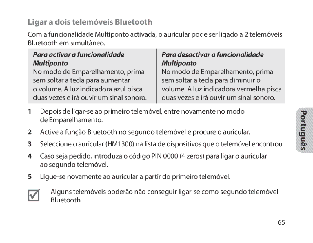 Samsung BHM1300EPEGXSG, BHM1300EKEGXEG manual Ligar a dois telemóveis Bluetooth, Para activar a funcionalidade Multiponto 