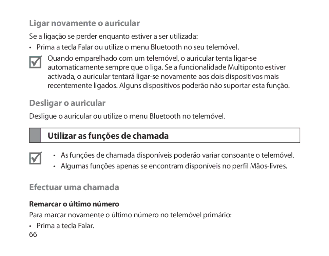 Samsung BHM1300UWEGKSA, BHM1300EKEGXEG Ligar novamente o auricular, Desligar o auricular, Utilizar as funções de chamada 