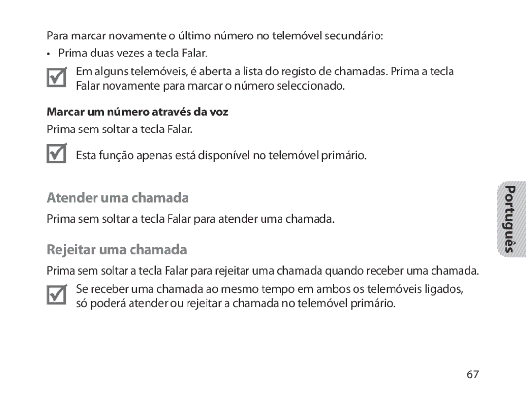 Samsung BHM1300EEEGXSG, BHM1300EKEGXEG manual Atender uma chamada, Rejeitar uma chamada, Marcar um número através da voz 