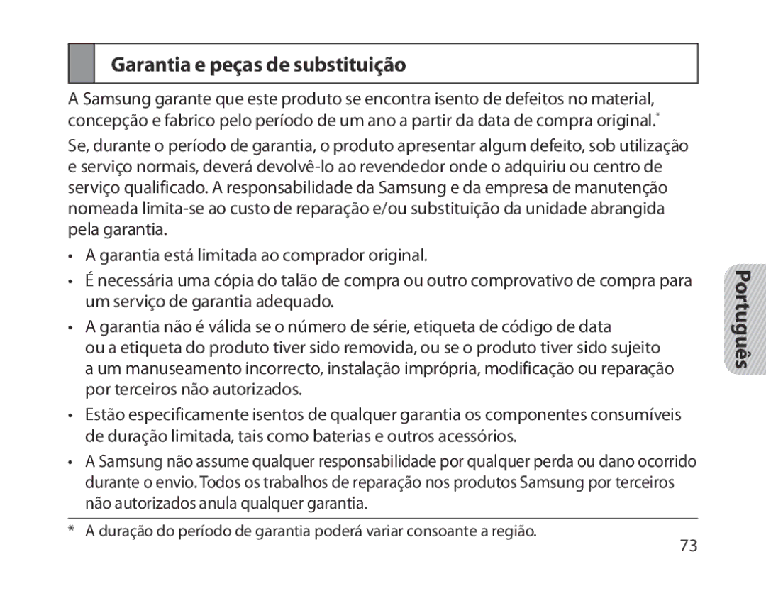 Samsung BHM1300EBEGXEE, BHM1300EKEGXEG, BHM1300EREGXEG, BHM1300EWEGXEG, BHM1300EBEGXEG manual Garantia e peças de substituição 