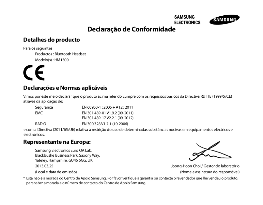 Samsung BHM1300EBEGEUR, BHM1300EKEGXEG Declaração de Conformidade, Detalhes do producto, Declarações e Normas aplicáveis 