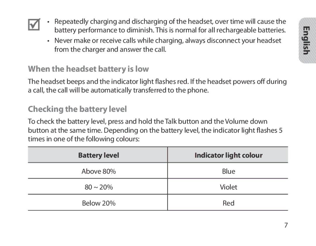 Samsung BHM1300EEEGXSG When the headset battery is low, Checking the battery level, Battery level Indicator light colour 