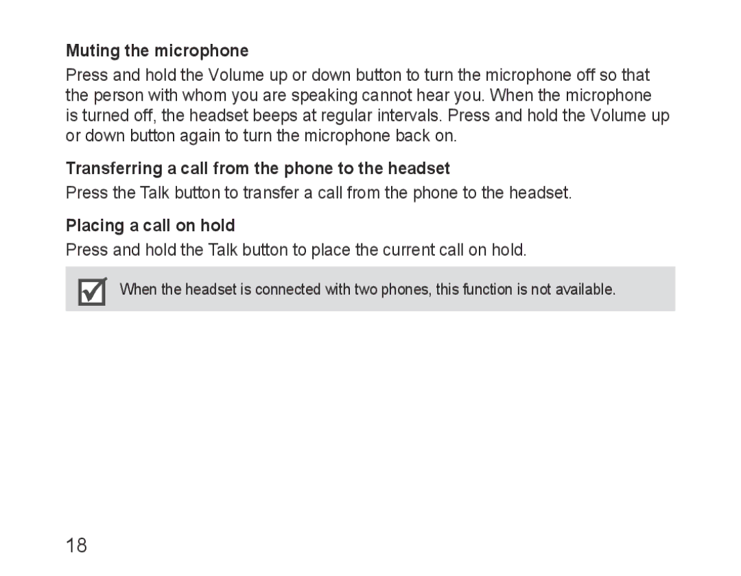 Samsung BHM1500EBECXET Muting the microphone, Transferring a call from the phone to the headset, Placing a call on hold 