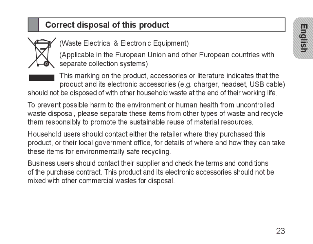 Samsung BHM1500JWECJED, BHM1500EBECXEF, BHM1500EBECTUR, BHM1500EBECXET, BHM1500EBECFOP manual Correct disposal of this product 