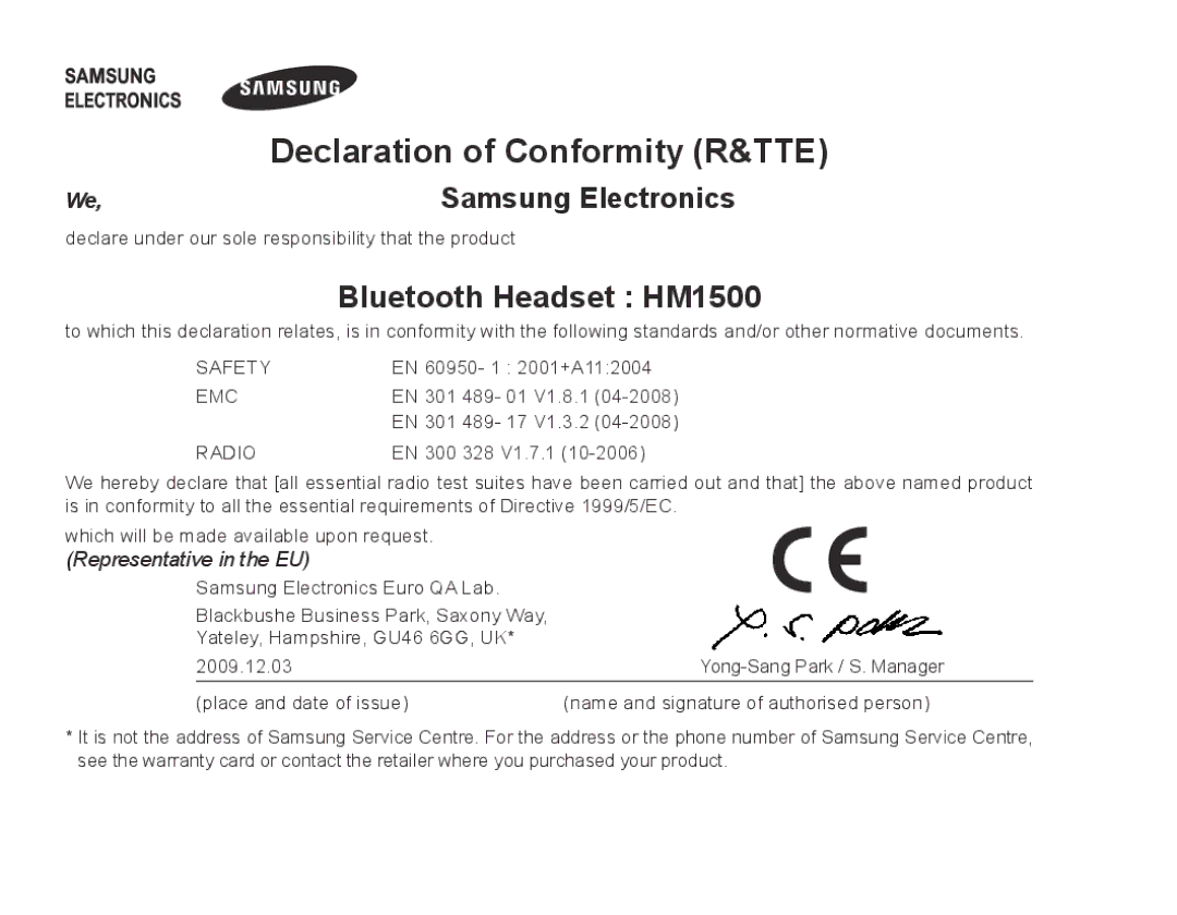 Samsung BHM1500UWECJED, BHM1500EBECXEF, BHM1500EBECTUR, BHM1500EBECXET manual Bluetooth Headset HM1500, We,Samsung Electronics 