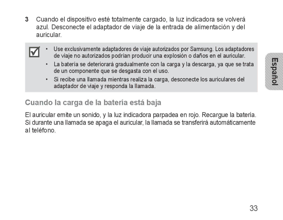 Samsung BHM1500EBECSER, BHM1500EBECXEF, BHM1500EBECTUR, BHM1500EBECXET manual Cuando la carga de la batería está baja 