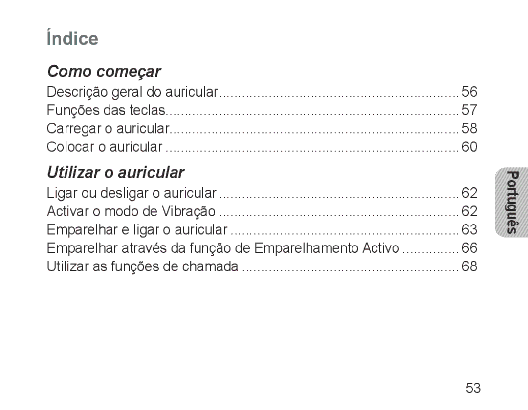 Samsung BHM1500EBECTUR, BHM1500EBECXEF, BHM1500EBECXET, BHM1500EBECFOP, BHM1500EBECXSG, BHM1500JBECJED manual Índice, Português 