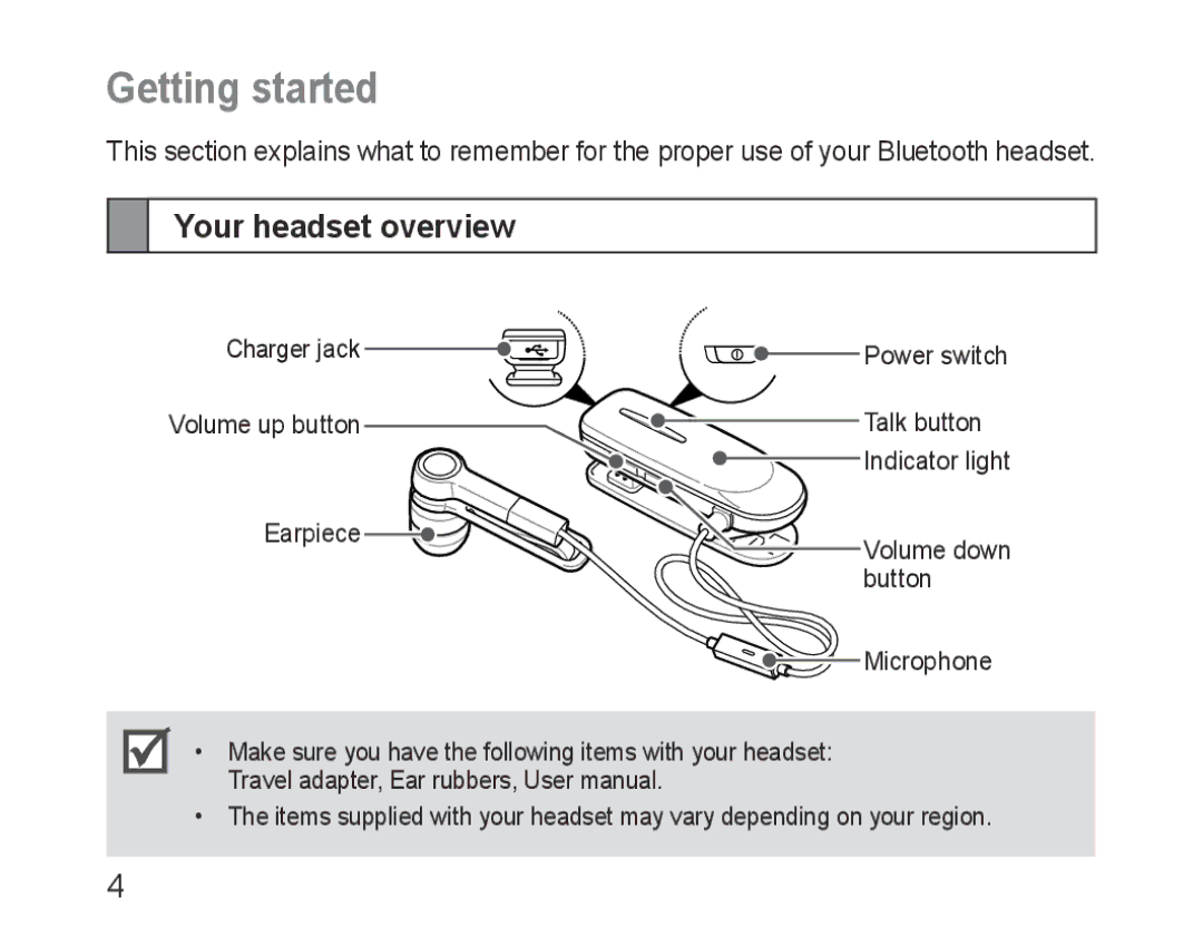 Samsung BHM1500JBEGJED, BHM1500EBECXEF, BHM1500EBECTUR, BHM1500EBECXET, BHM1500EBECFOP Getting started, Your headset overview 