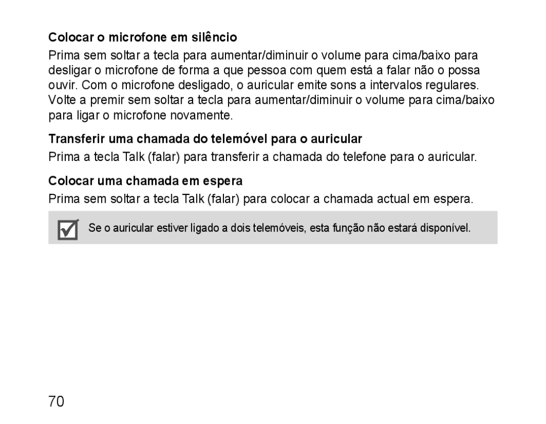 Samsung BHM1500EBECXEF manual Colocar o microfone em silêncio, Transferir uma chamada do telemóvel para o auricular 