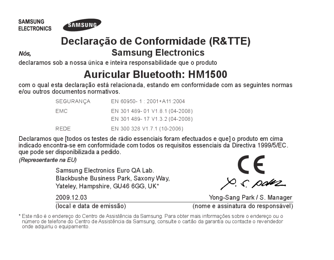 Samsung BHM1500EBECMMC, BHM1500EBECXEF, BHM1500EBECTUR, BHM1500EBECXET, BHM1500EBECFOP manual Declaração de Conformidade R&TTE 