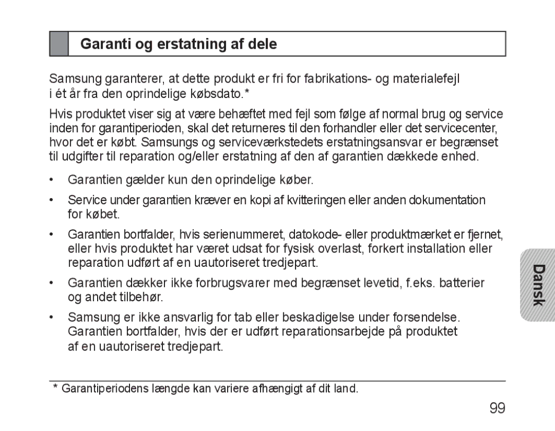 Samsung BHM1600EOECXET, BHM1600EBECXEF, BHM1600EOECXEF, BHM1600EBECXET, BHM1600EOECFOP manual Garanti og erstatning af dele 