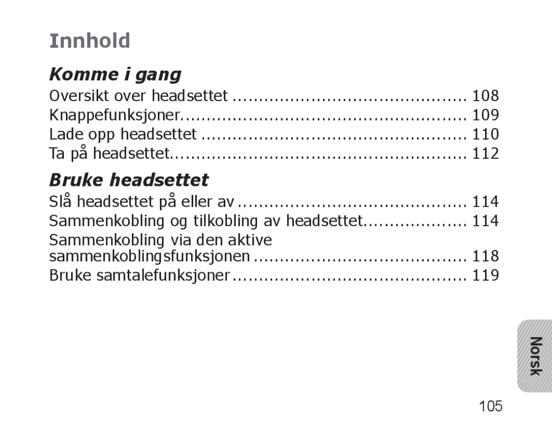 Samsung BHM1600EBECXEE, BHM1600EBECXEF, BHM1600EOECXEF, BHM1600EOECXET, BHM1600EBECXET, BHM1600EOECFOP manual Innhold, Norsk 