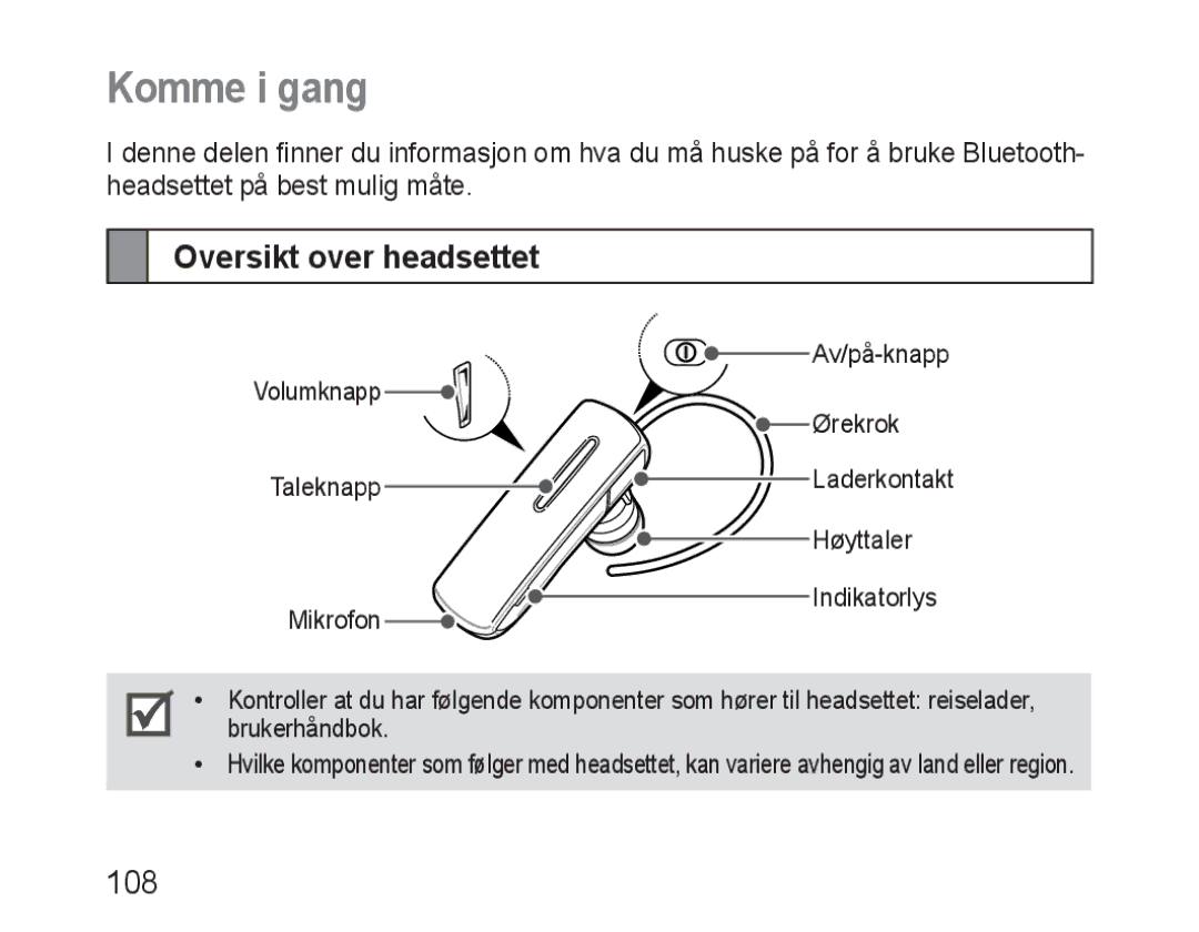 Samsung BHM1600EBECXEF, BHM1600EOECXEF, BHM1600EOECXET, BHM1600EBECXET, BHM1600EOECFOP Komme i gang, Oversikt over headsettet 