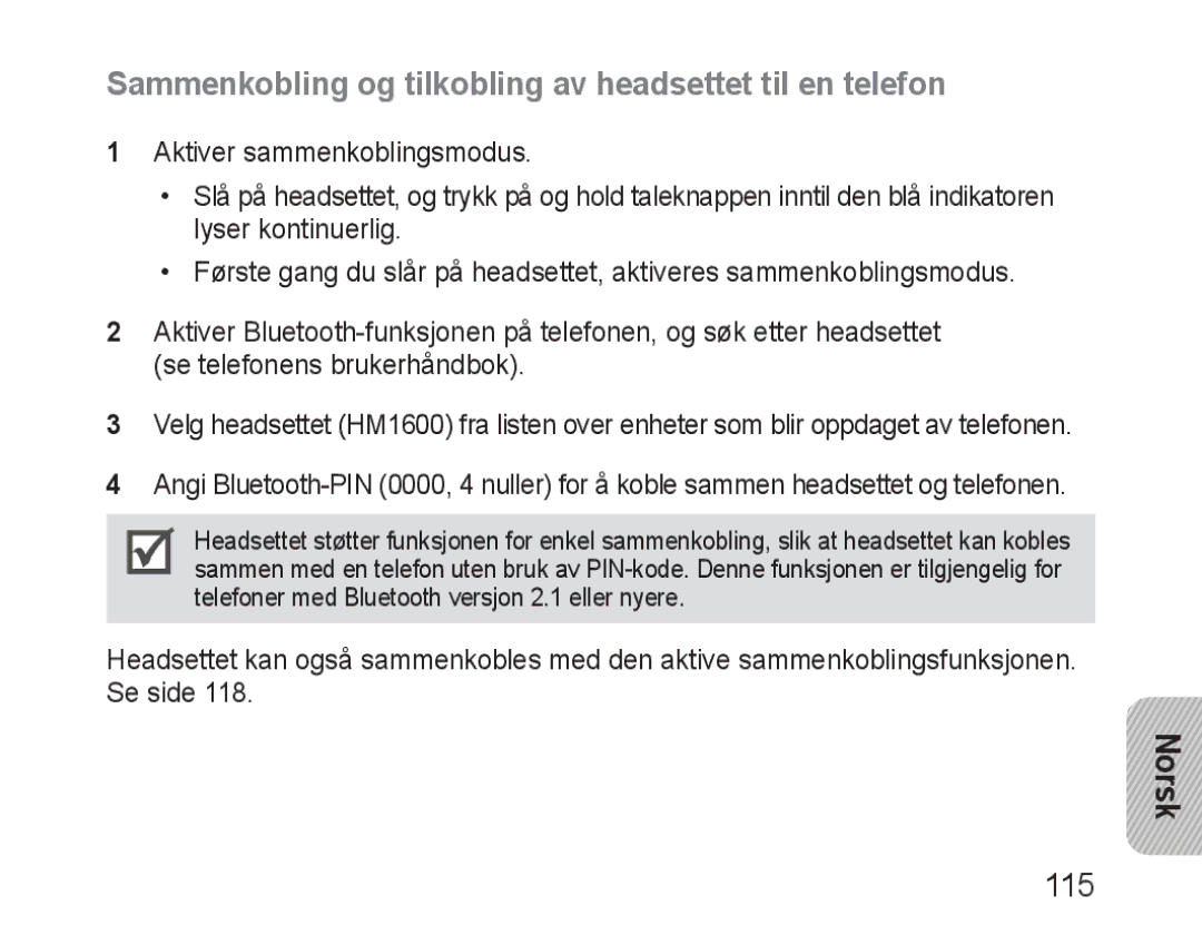 Samsung BHM1600EBECXEH, BHM1600EBECXEF, BHM1600EOECXEF manual Sammenkobling og tilkobling av headsettet til en telefon 