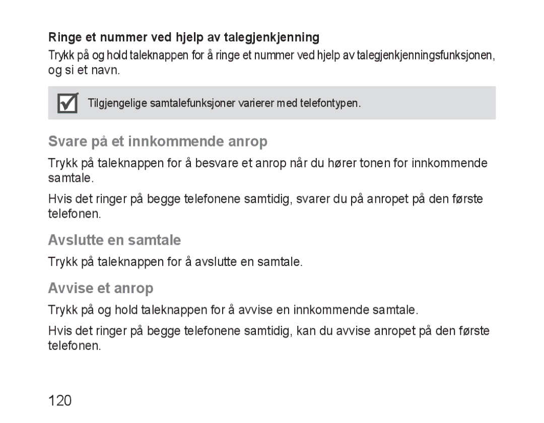 Samsung BHM1600EOECXEF, BHM1600EBECXEF, BHM1600EOECXET Svare på et innkommende anrop, Avslutte en samtale, Avvise et anrop 