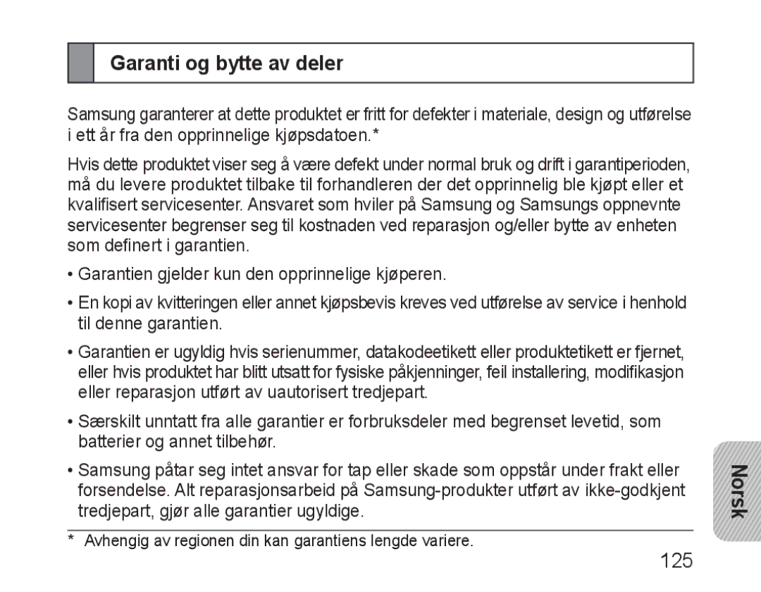 Samsung BHM1600EOECXEH, BHM1600EBECXEF, BHM1600EOECXEF, BHM1600EOECXET, BHM1600EBECXET manual Garanti og bytte av deler 