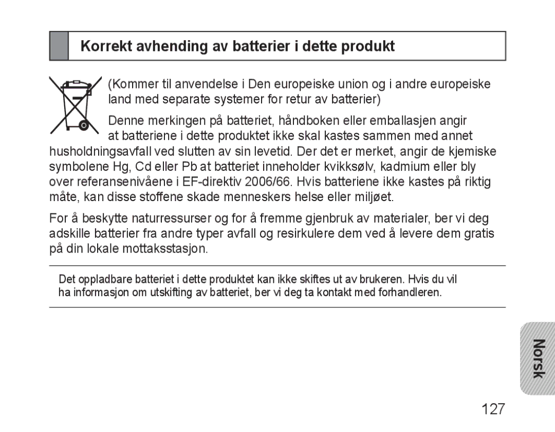 Samsung BHM1600EBECXEE, BHM1600EBECXEF, BHM1600EOECXEF, BHM1600EOECXET Korrekt avhending av batterier i dette produkt, Norsk 