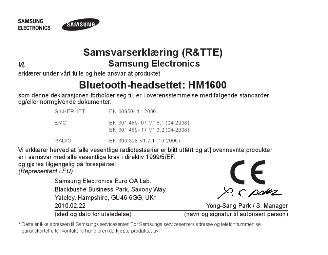 Samsung BHM1600EBECSER, BHM1600EBECXEF, BHM1600EOECXEF, BHM1600EOECXET, BHM1600EBECXET manual Bluetooth-headsettet HM1600 