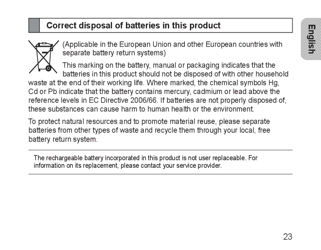 Samsung BHM1600EBECXET, BHM1600EBECXEF, BHM1600EOECXEF, BHM1600EOECXET manual Correct disposal of batteries in this product 