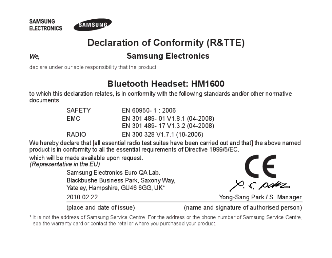 Samsung BHM1600EBECFOP, BHM1600EBECXEF, BHM1600EOECXEF, BHM1600EOECXET manual Bluetooth Headset HM1600, We,Samsung Electronics 