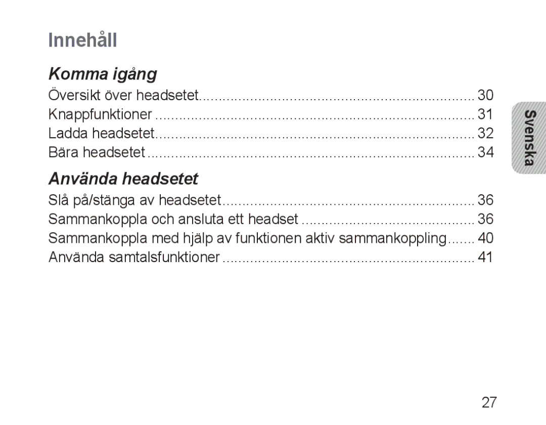 Samsung BHM1600EBECXEH, BHM1600EBECXEF, BHM1600EOECXEF, BHM1600EOECXET, BHM1600EBECXET, BHM1600EOECFOP manual Innehåll, Svenska 