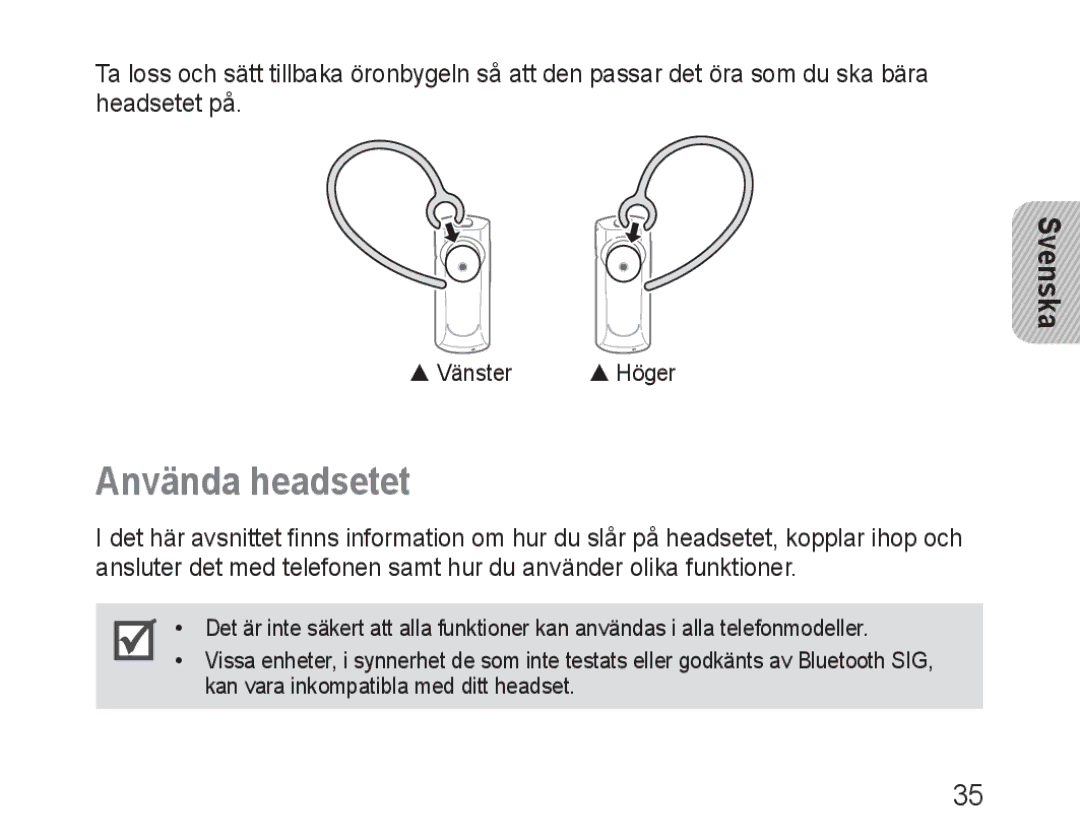 Samsung BHM1600EOECFOP, BHM1600EBECXEF, BHM1600EOECXEF, BHM1600EOECXET, BHM1600EBECXET manual Använda headsetet, Svenska 