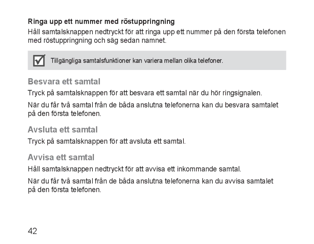 Samsung BHM1600EBECXEF Besvara ett samtal, Avsluta ett samtal, Avvisa ett samtal, Ringa upp ett nummer med röstuppringning 