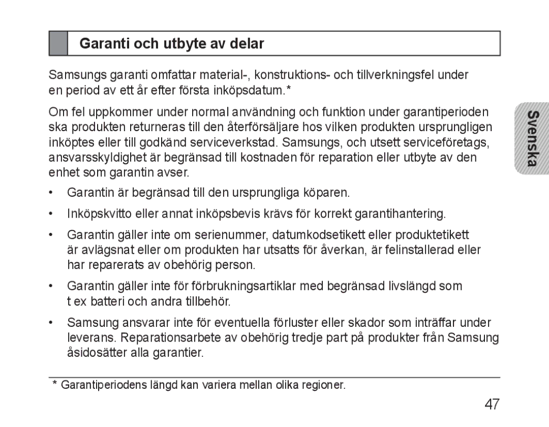 Samsung BHM1600EBECFOP, BHM1600EBECXEF, BHM1600EOECXEF, BHM1600EOECXET, BHM1600EBECXET manual Garanti och utbyte av delar 