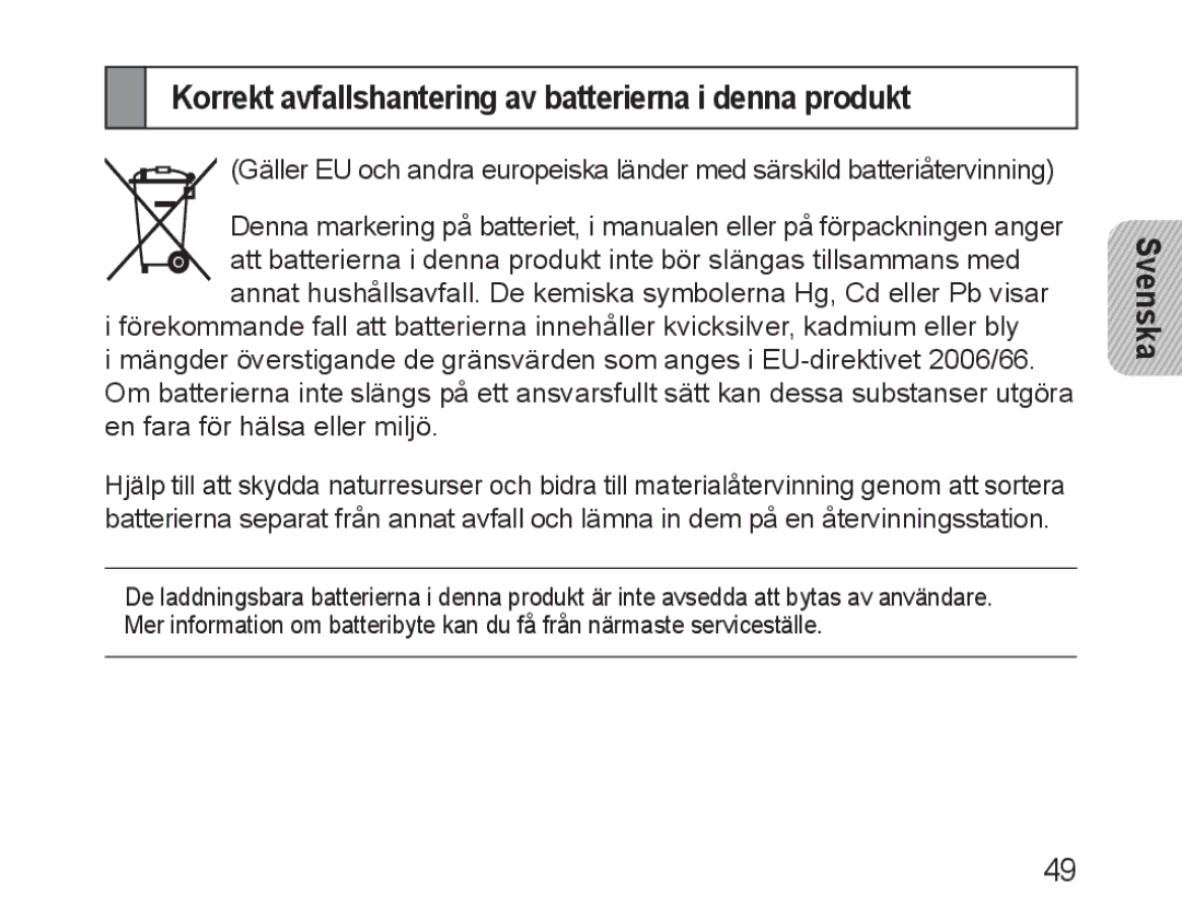 Samsung BHM1600EBECXEH, BHM1600EBECXEF, BHM1600EOECXEF manual Korrekt avfallshantering av batterierna i denna produkt 