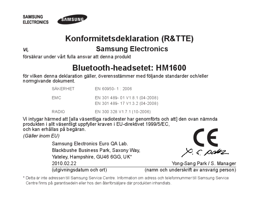 Samsung BHM1600EOECSER, BHM1600EBECXEF, BHM1600EOECXEF, BHM1600EOECXET, BHM1600EBECXET manual Bluetooth-headsetet HM1600 