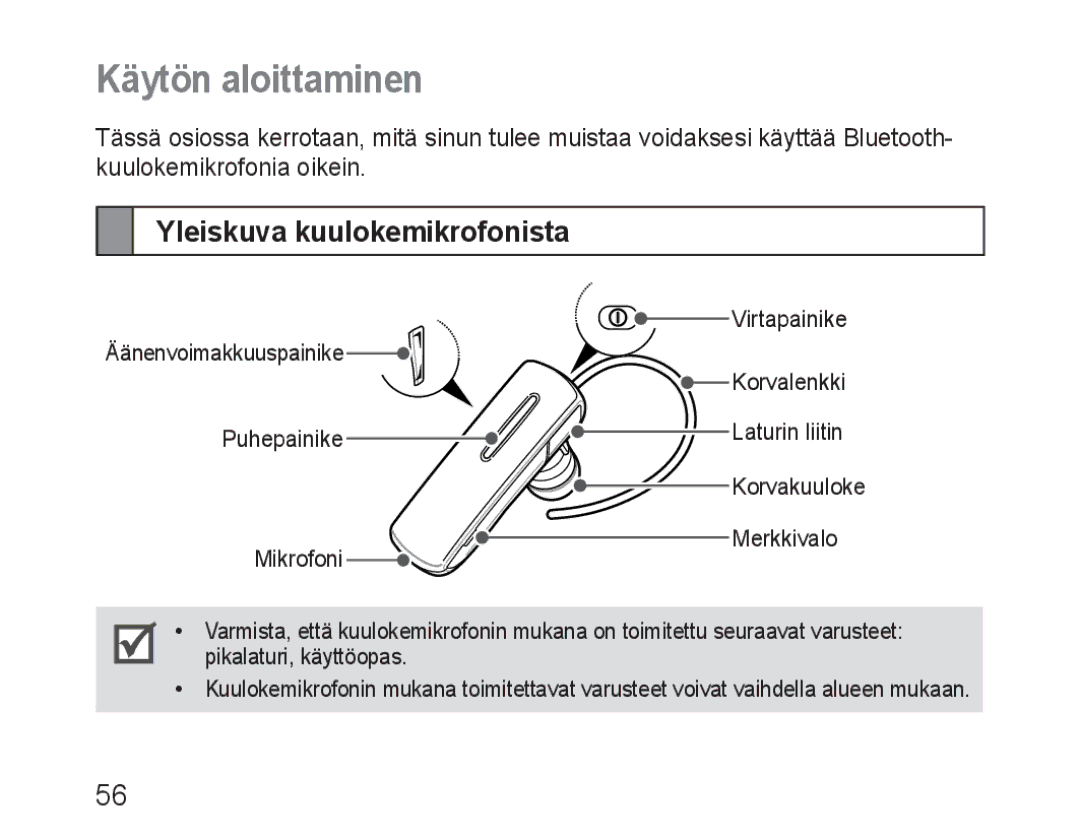 Samsung BHM1600EBECXET, BHM1600EBECXEF, BHM1600EOECXEF, BHM1600EOECXET Käytön aloittaminen, Yleiskuva kuulokemikrofonista 