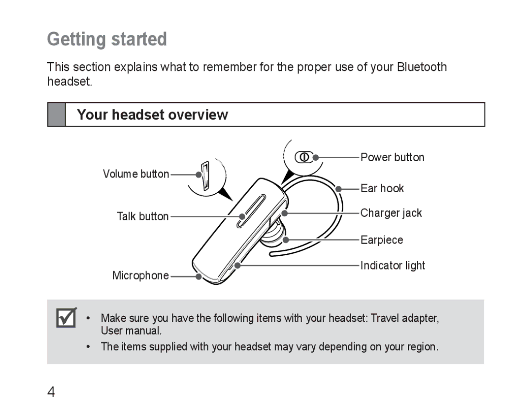 Samsung BHM1600EOECXEH, BHM1600EBECXEF, BHM1600EOECXEF, BHM1600EOECXET, BHM1600EBECXET Getting started, Your headset overview 