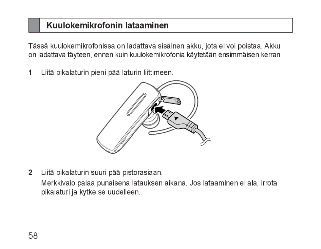 Samsung BHM1600EBECFOP, BHM1600EBECXEF, BHM1600EOECXEF, BHM1600EOECXET, BHM1600EBECXET manual Kuulokemikrofonin lataaminen 