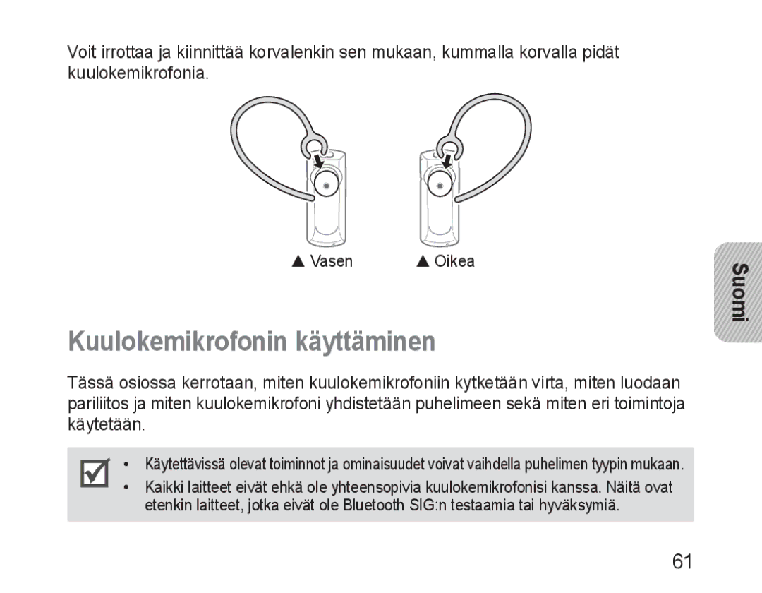 Samsung BHM1600EBECXEE, BHM1600EBECXEF, BHM1600EOECXEF, BHM1600EOECXET, BHM1600EBECXET manual Kuulokemikrofonin käyttäminen 