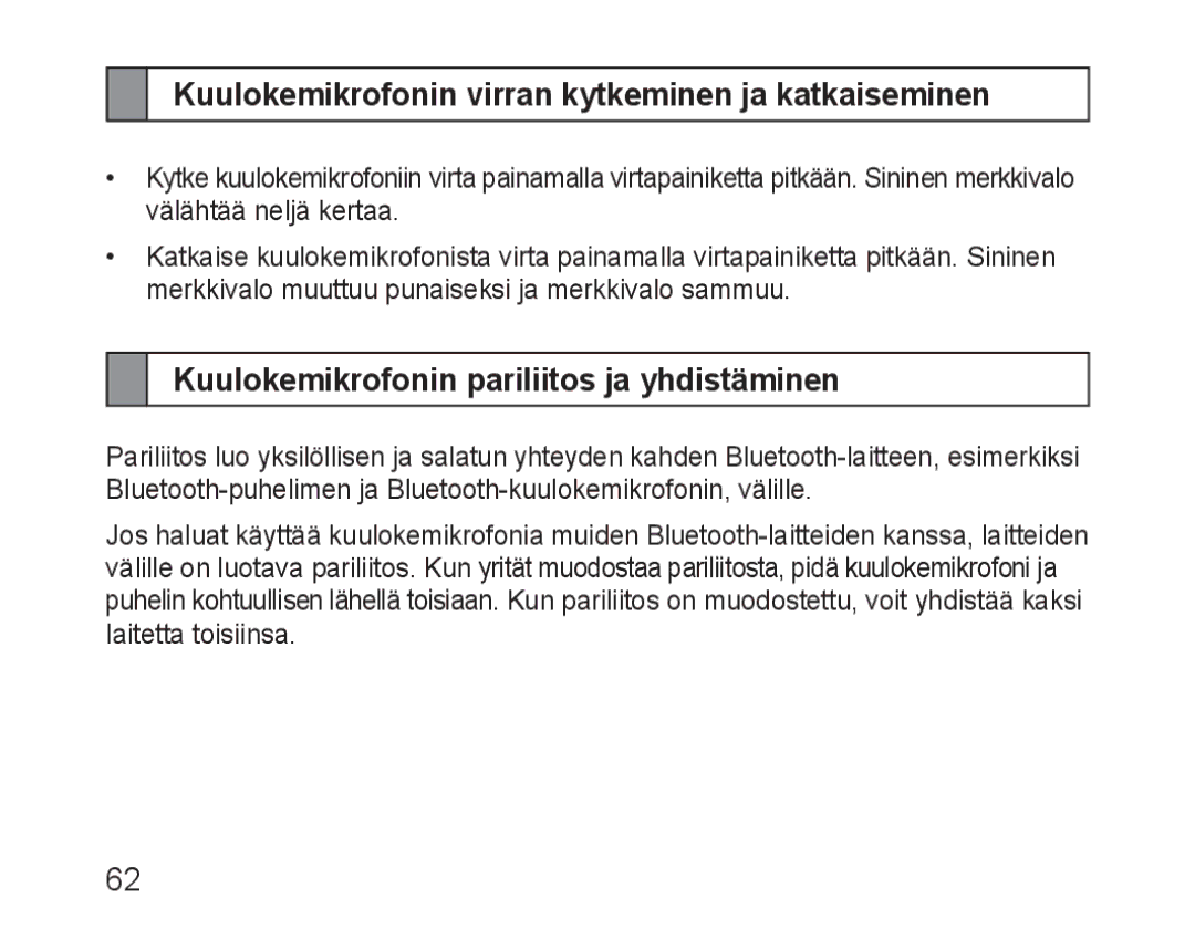 Samsung BHM1600EOECSER Kuulokemikrofonin virran kytkeminen ja katkaiseminen, Kuulokemikrofonin pariliitos ja yhdistäminen 