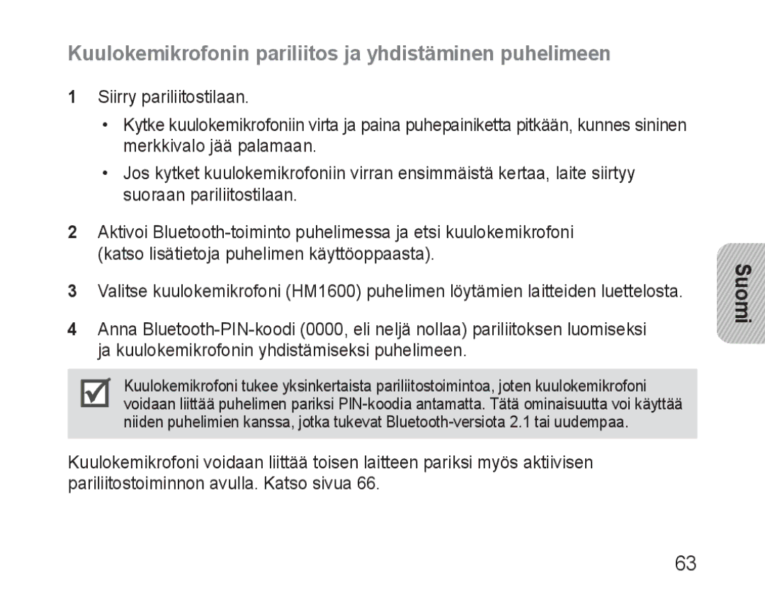 Samsung BHM1600EBECSER, BHM1600EBECXEF, BHM1600EOECXEF manual Kuulokemikrofonin pariliitos ja yhdistäminen puhelimeen 