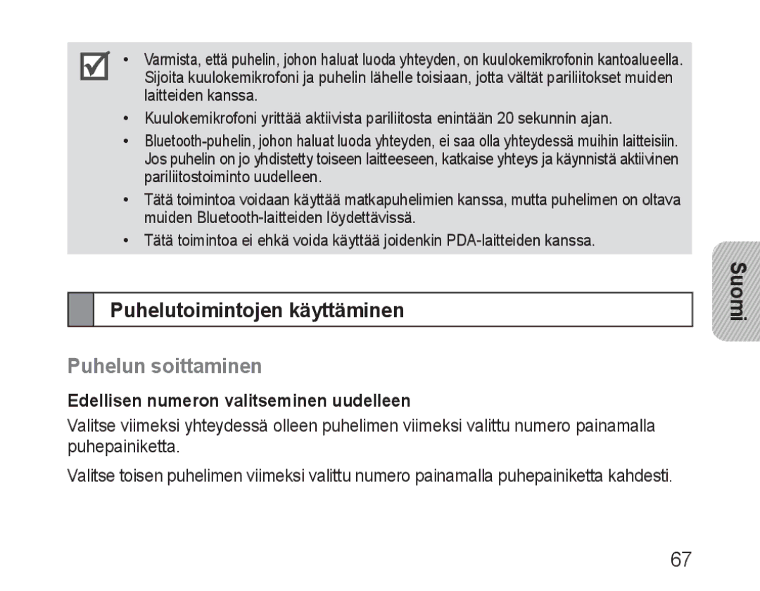 Samsung BHM1600EBECXET manual Puhelutoimintojen käyttäminen, Puhelun soittaminen, Edellisen numeron valitseminen uudelleen 