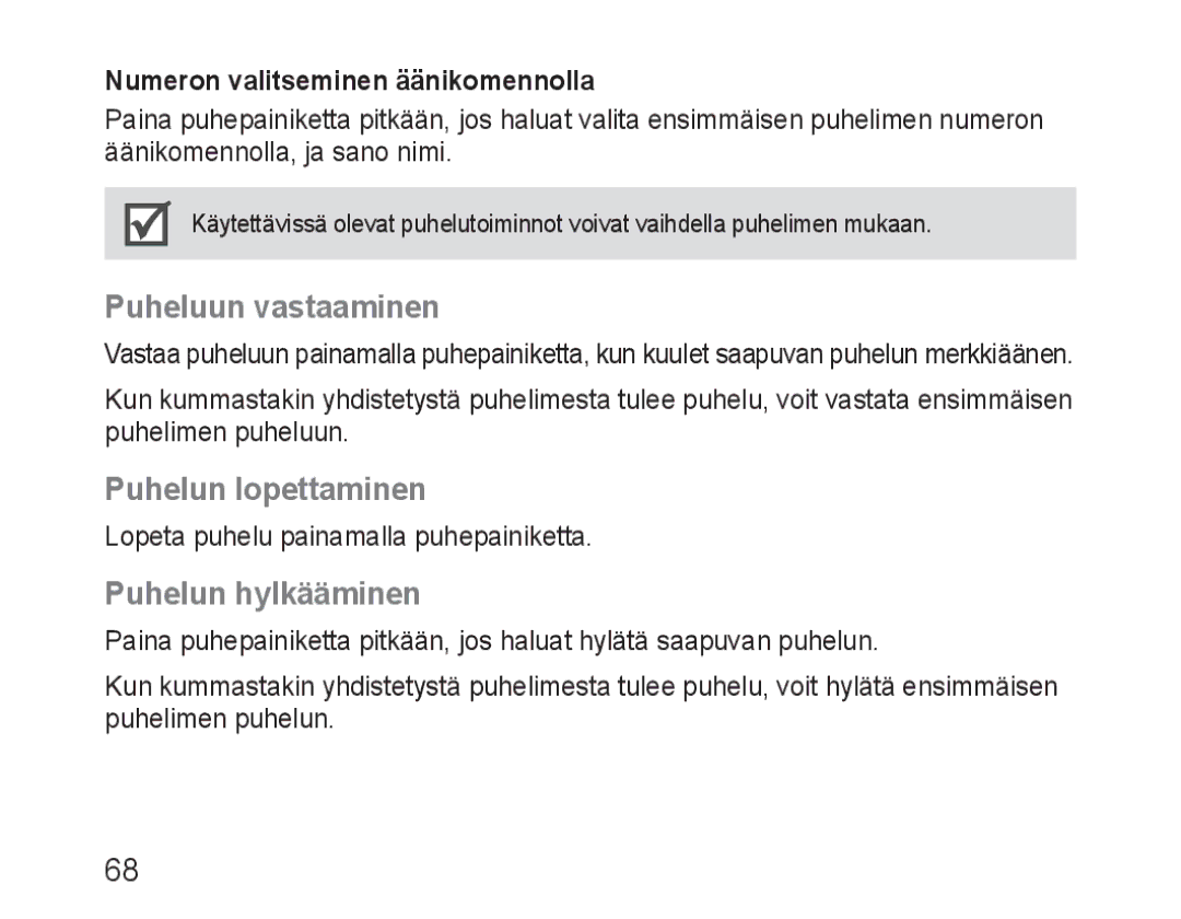 Samsung BHM1600EOECFOP, BHM1600EBECXEF, BHM1600EOECXEF manual Puheluun vastaaminen, Puhelun lopettaminen, Puhelun hylkääminen 