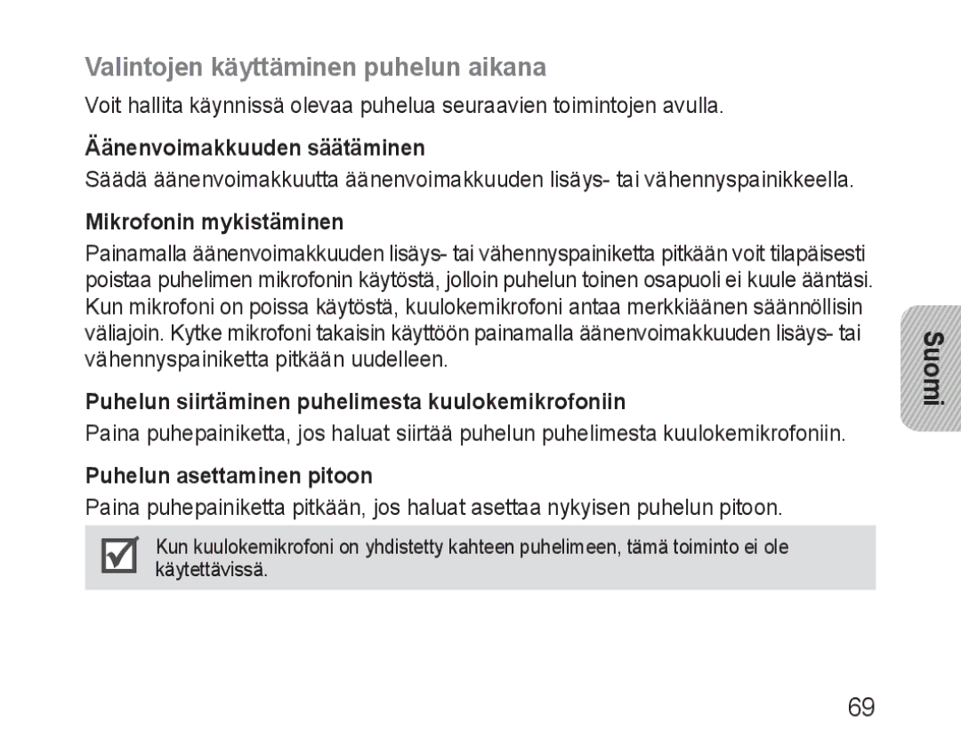 Samsung BHM1600EBECFOP manual Valintojen käyttäminen puhelun aikana, Äänenvoimakkuuden säätäminen, Mikrofonin mykistäminen 