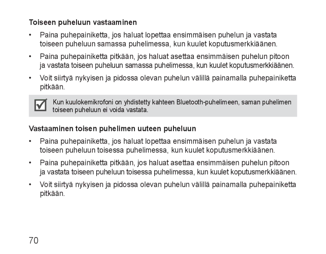 Samsung BHM1600EOECXEH, BHM1600EBECXEF manual Toiseen puheluun vastaaminen, Vastaaminen toisen puhelimen uuteen puheluun 