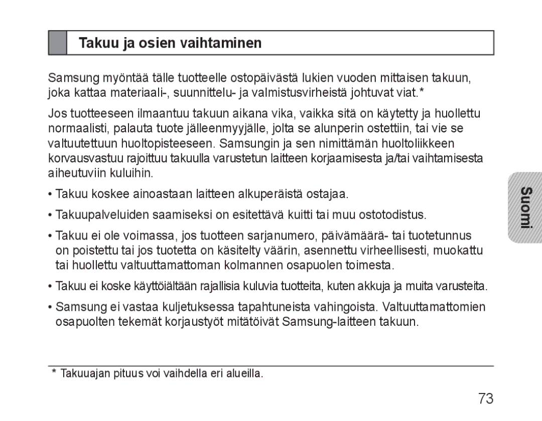 Samsung BHM1600EOECSER, BHM1600EBECXEF, BHM1600EOECXEF, BHM1600EOECXET, BHM1600EBECXET manual Takuu ja osien vaihtaminen 