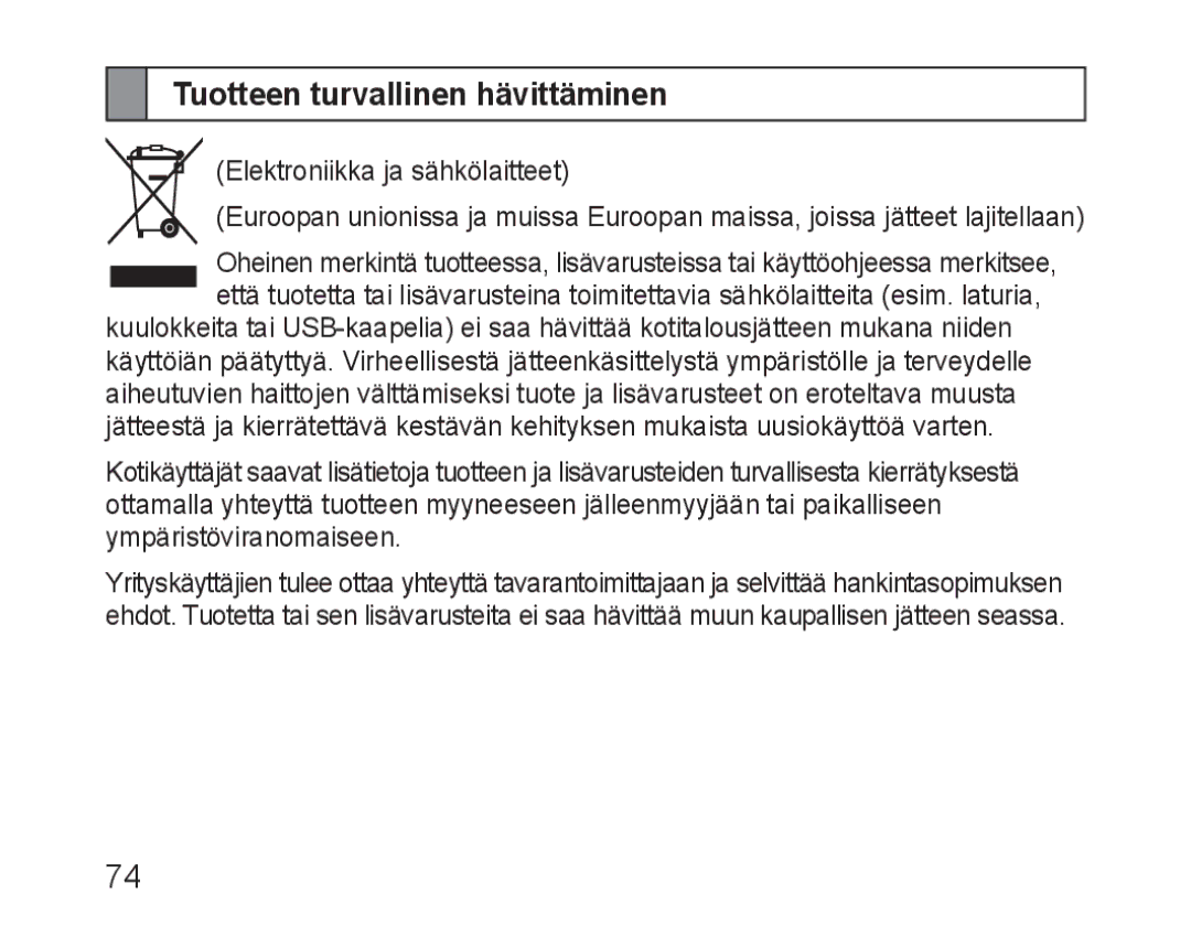 Samsung BHM1600EBECSER, BHM1600EBECXEF, BHM1600EOECXEF, BHM1600EOECXET, BHM1600EBECXET manual Tuotteen turvallinen hävittäminen 