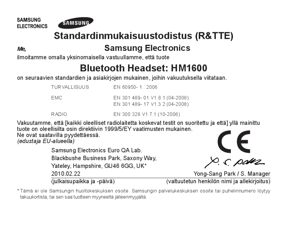 Samsung BHM1600EOECXET, BHM1600EBECXEF, BHM1600EOECXEF, BHM1600EBECXET, BHM1600EOECFOP manual Bluetooth Headset HM1600 