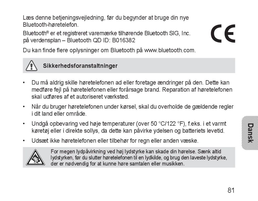 Samsung BHM1600EOECXEH, BHM1600EBECXEF, BHM1600EOECXEF, BHM1600EOECXET, BHM1600EBECXET manual Sikkerhedsforanstaltninger 